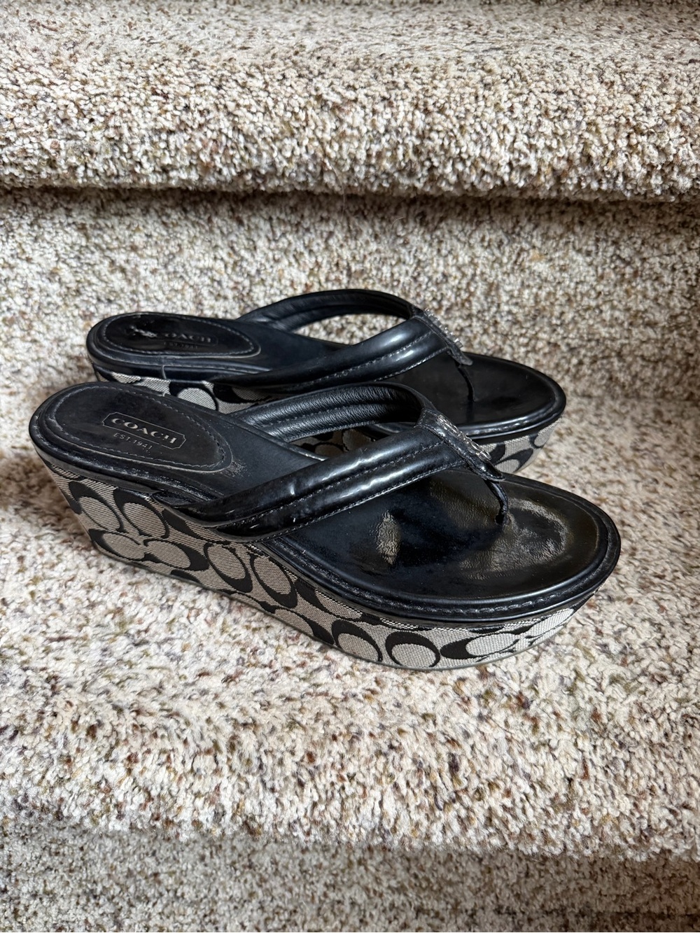 Coach Black Leather Signature Canvas Platform Flip Flops